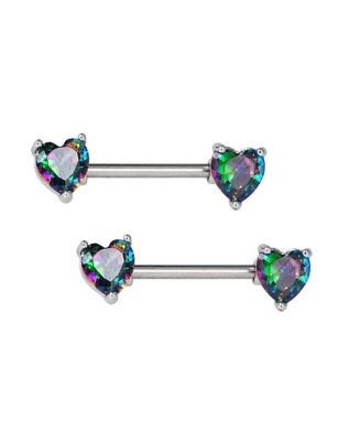 Oil Slick CZ Heart Nipple Barbells - 16 Gauge