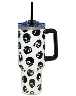 Black and White Glow in the Dark Skull Print Travel Cup with Straw - 40 oz.