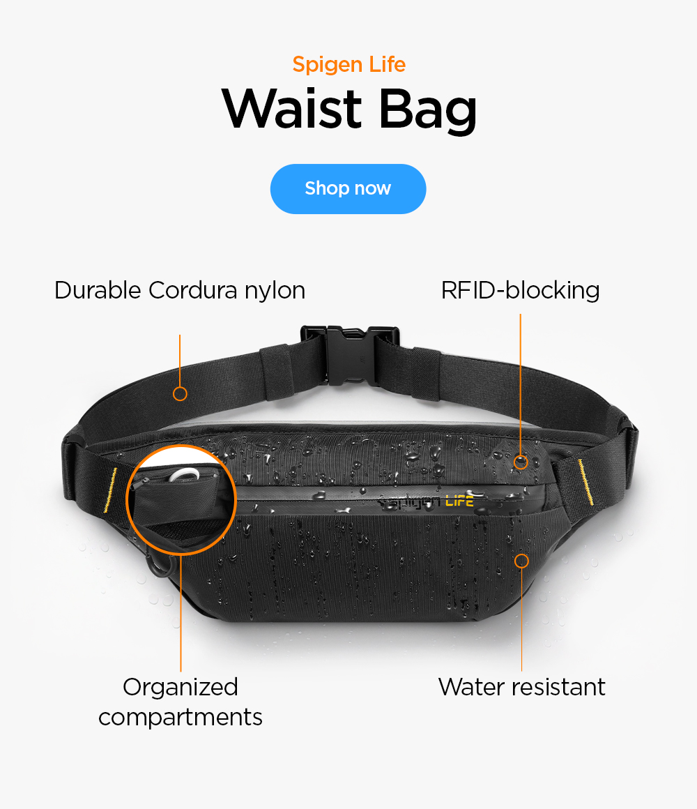 Waist Bag: Durable Cordura nylon, RFID-blocking, Water resistant, Organized compartments