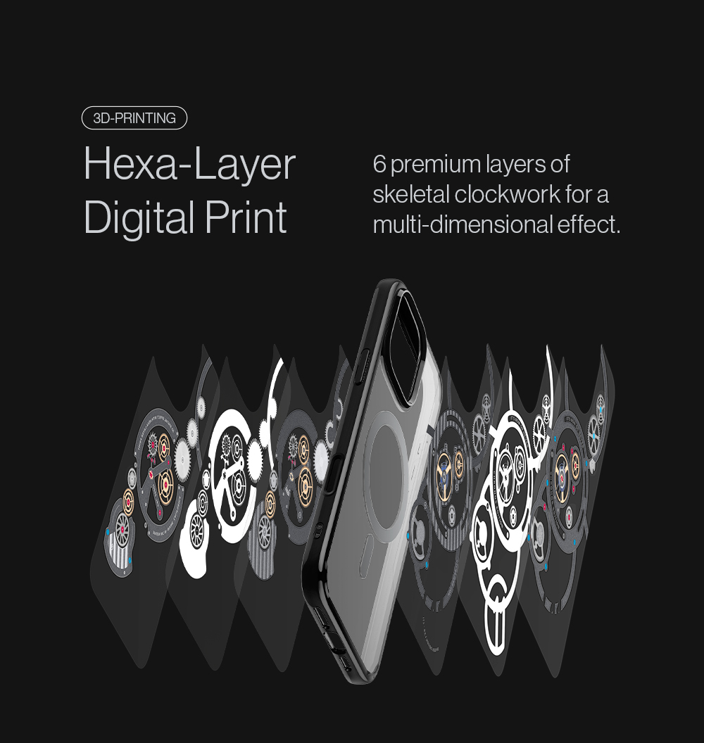 3D-Printing: Hexa-Layer Digital Print. 6 premium layers of skeletal clockwork for a multi-dimensional effect.