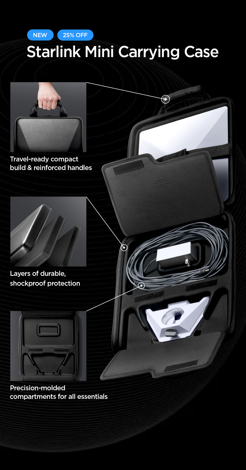 New Starlink Mini Carrying Case. Travel-ready compact build and reinforced handles.  Layers of durable, shockproof protection. Precision-molded compartments for all essentials.