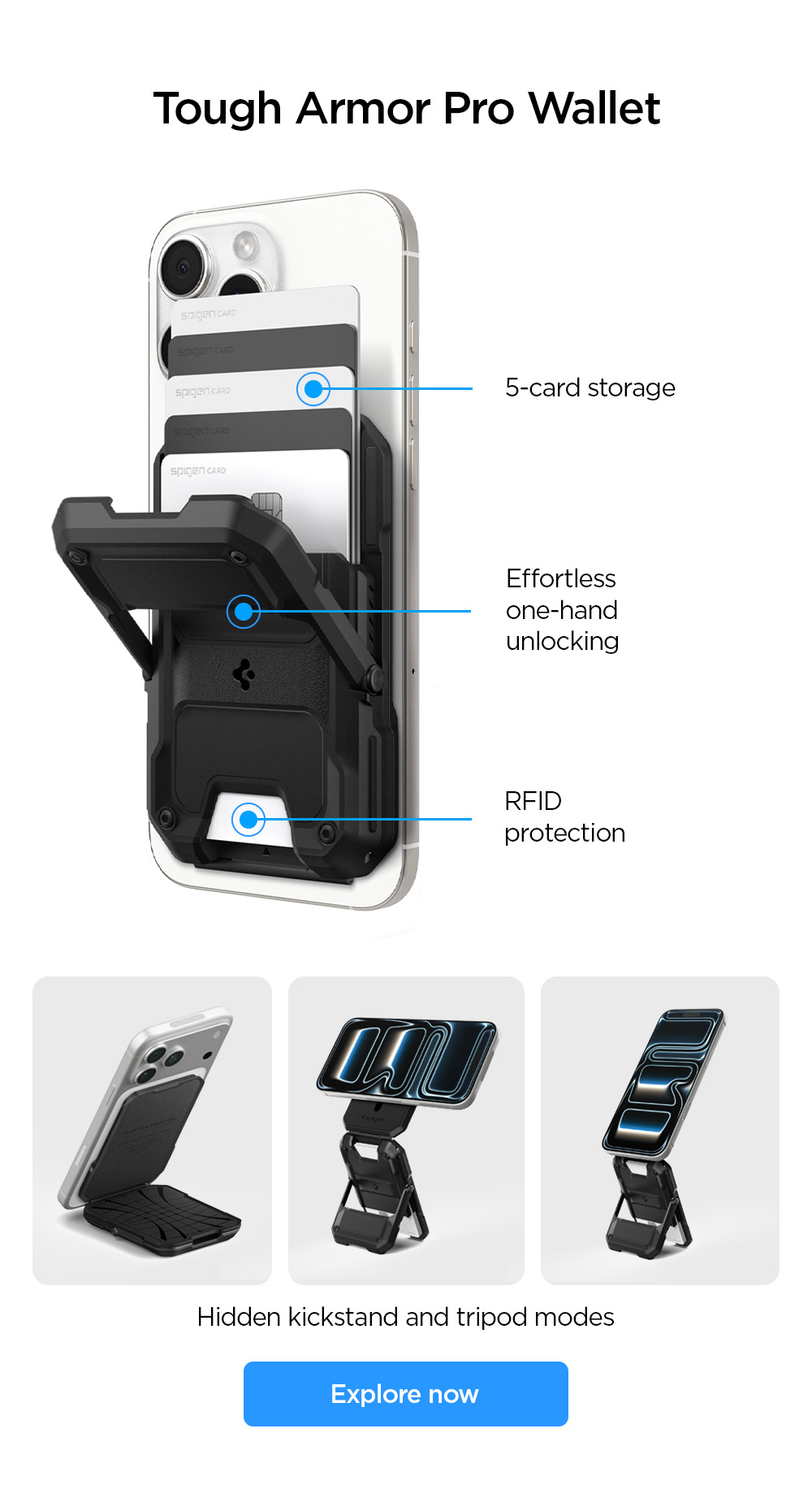 Tough Armor Pro Wallet: Hidden kickstand and tripod modes, Effortless one-hand unlocking, 5-card storage, RFID protection, MagSafe compatible with iPhones.