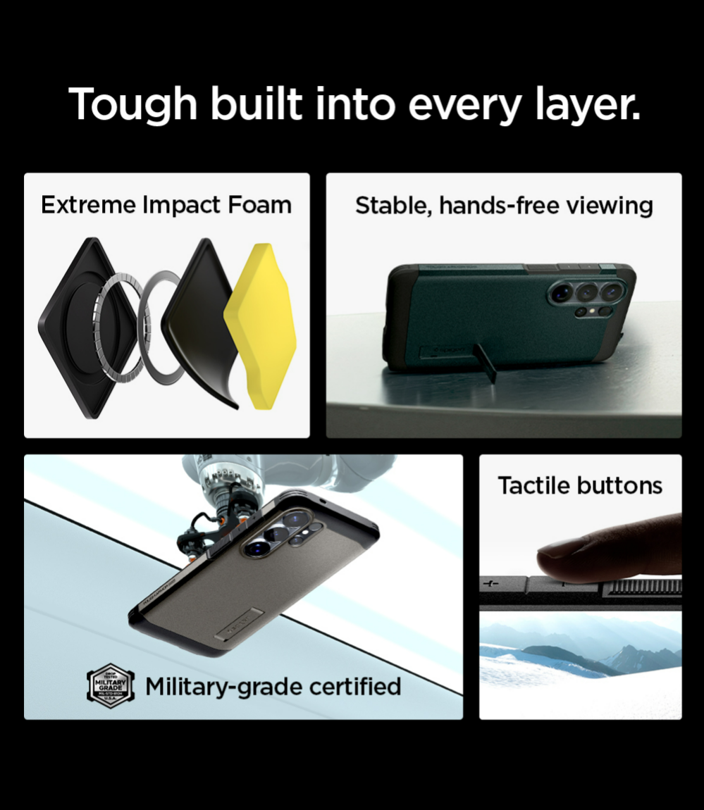 Tough built into every layer. Extreme Impact Foam, Stable, hands-free viewing kickstand, Military-grade certified, and tactile buttons.