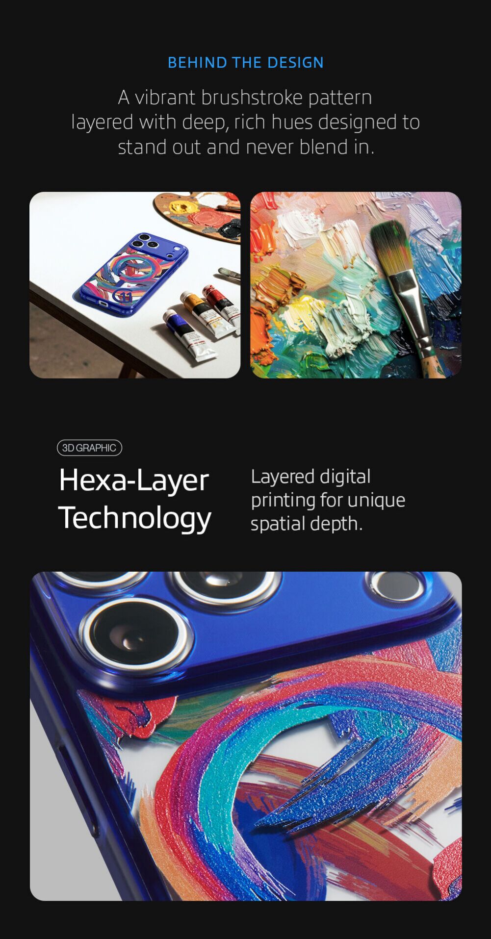 A vibrant brushstroke pattern layered with deep, rich hues designed to stand out and never blend in. Featuring layered digital printing for unique spatial depth. 