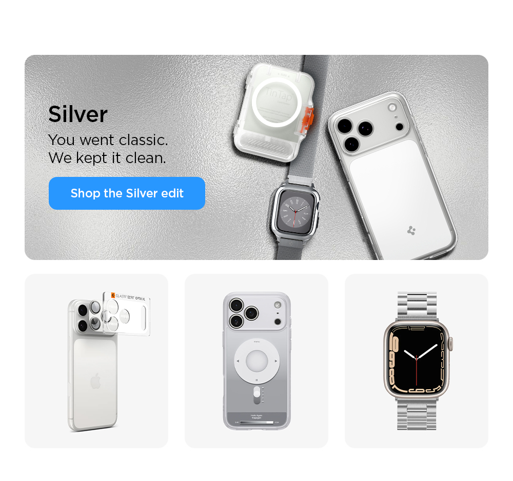 Silver: You went classic. We kept it clean. Shop Silver accessories for iPhone 17, iPhone 17 Pro, iPhone 17 Pro Max, iPhone 17 Air, AirPods, MagSafe compatible card holders, Apple Watch, and more.