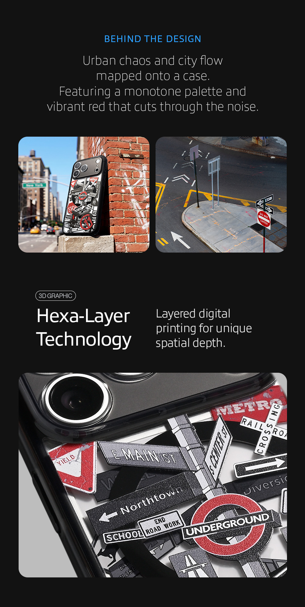 Urban chaos and city flow mapped onto a case. Featuring a monotone palette and vibrant red that cuts through the noise. Featuring Hexa-Layer Technology for unique spatial depth.