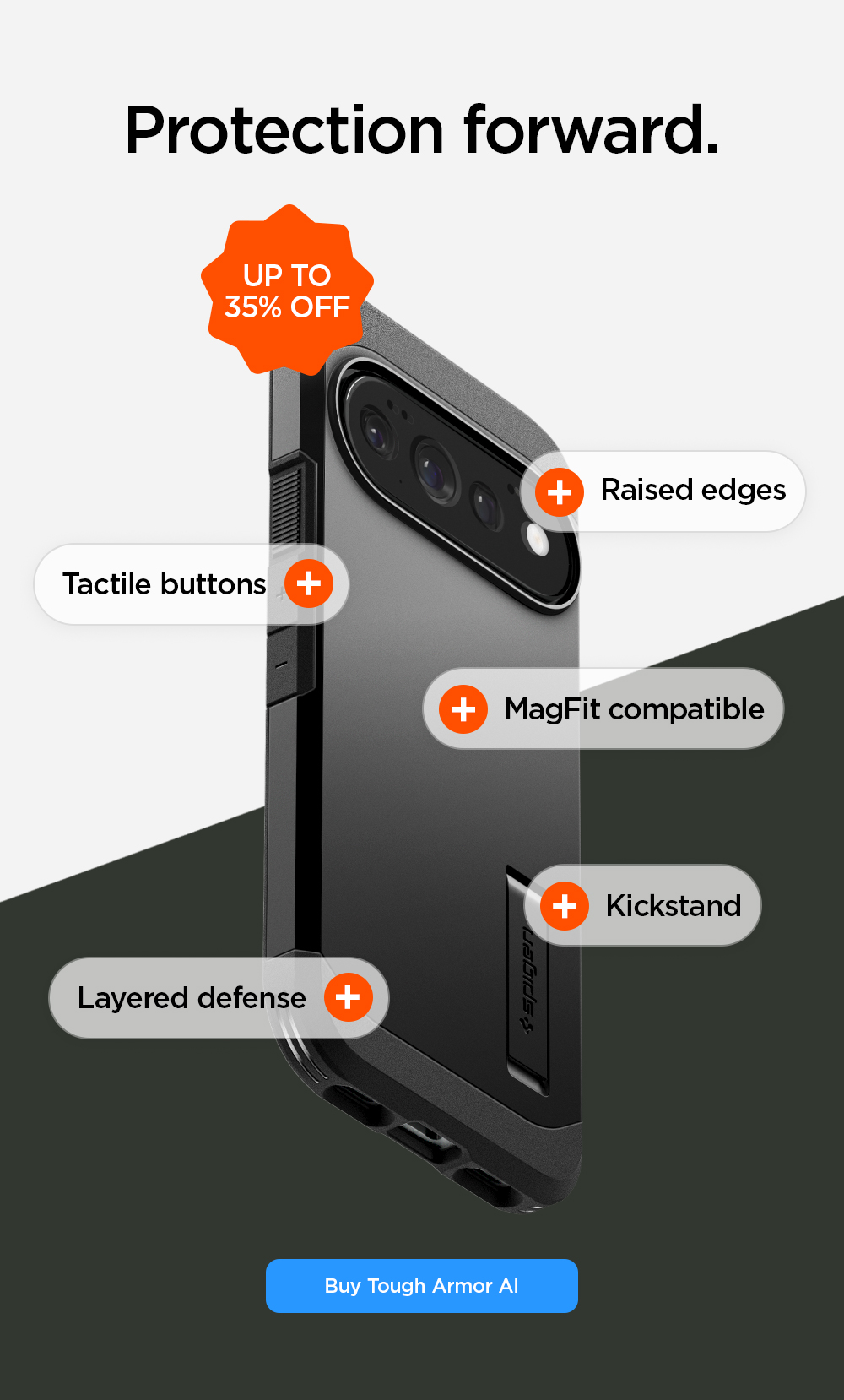 Protection forward: Raised edges, tactile buttons, layered defense, MagFit compatible, Kickstand. Up to 35% off. Buy Tough Armor AI.