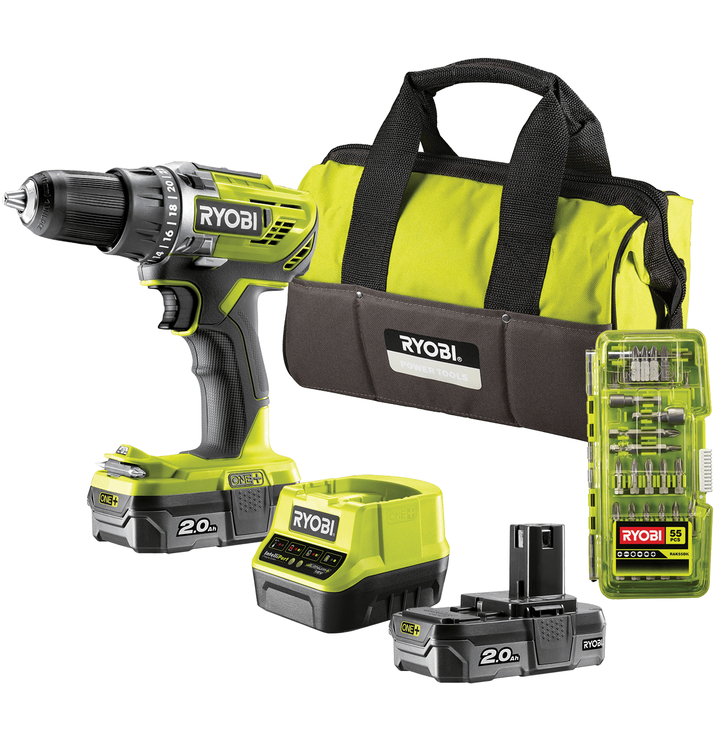 RYOBI 18V ONE+™ Aku vŕtačka bez príklepu + sada bitov a taška