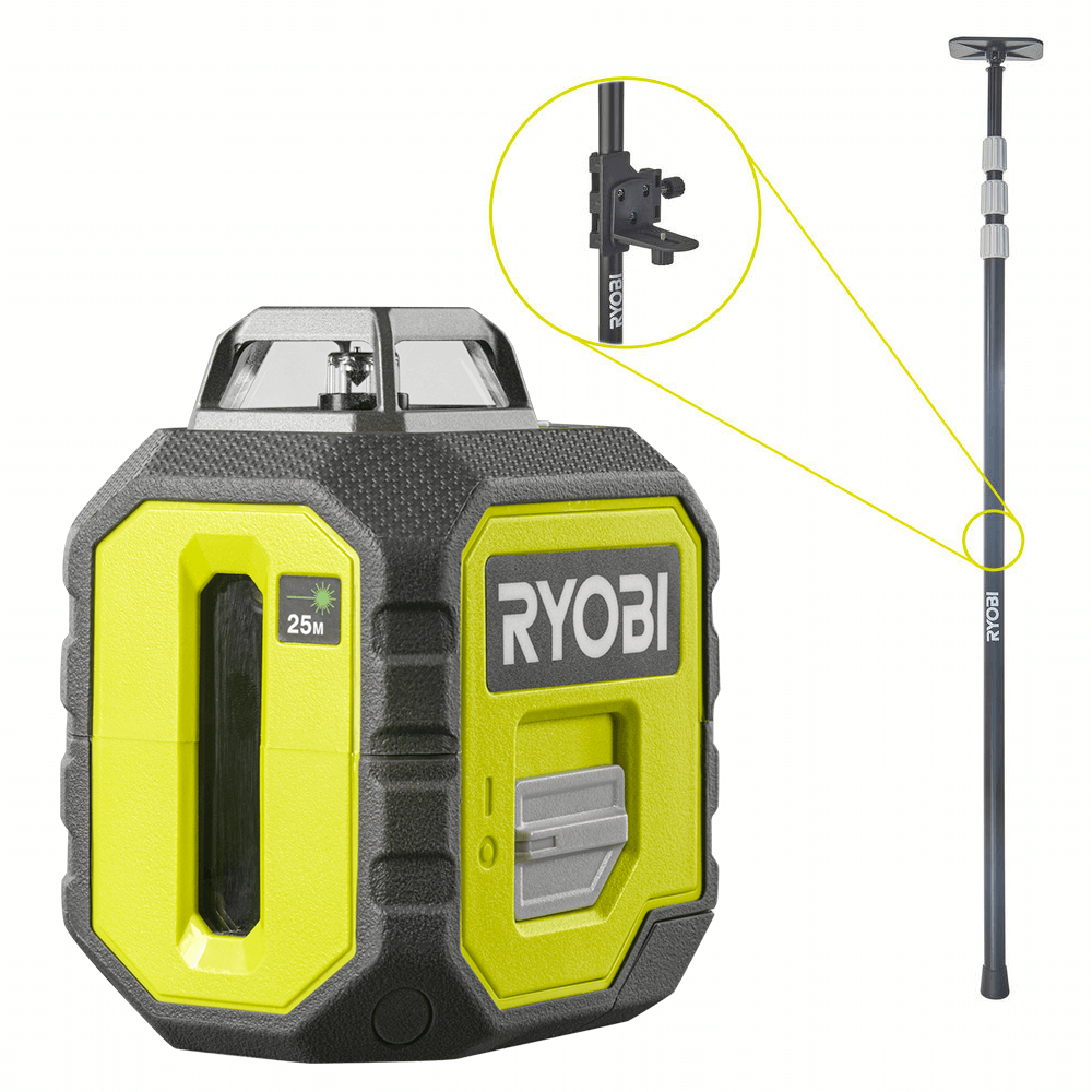 RYOBI Set krížový líniový laser 360° - zelený a teleskopický držiak RB360GLL-K