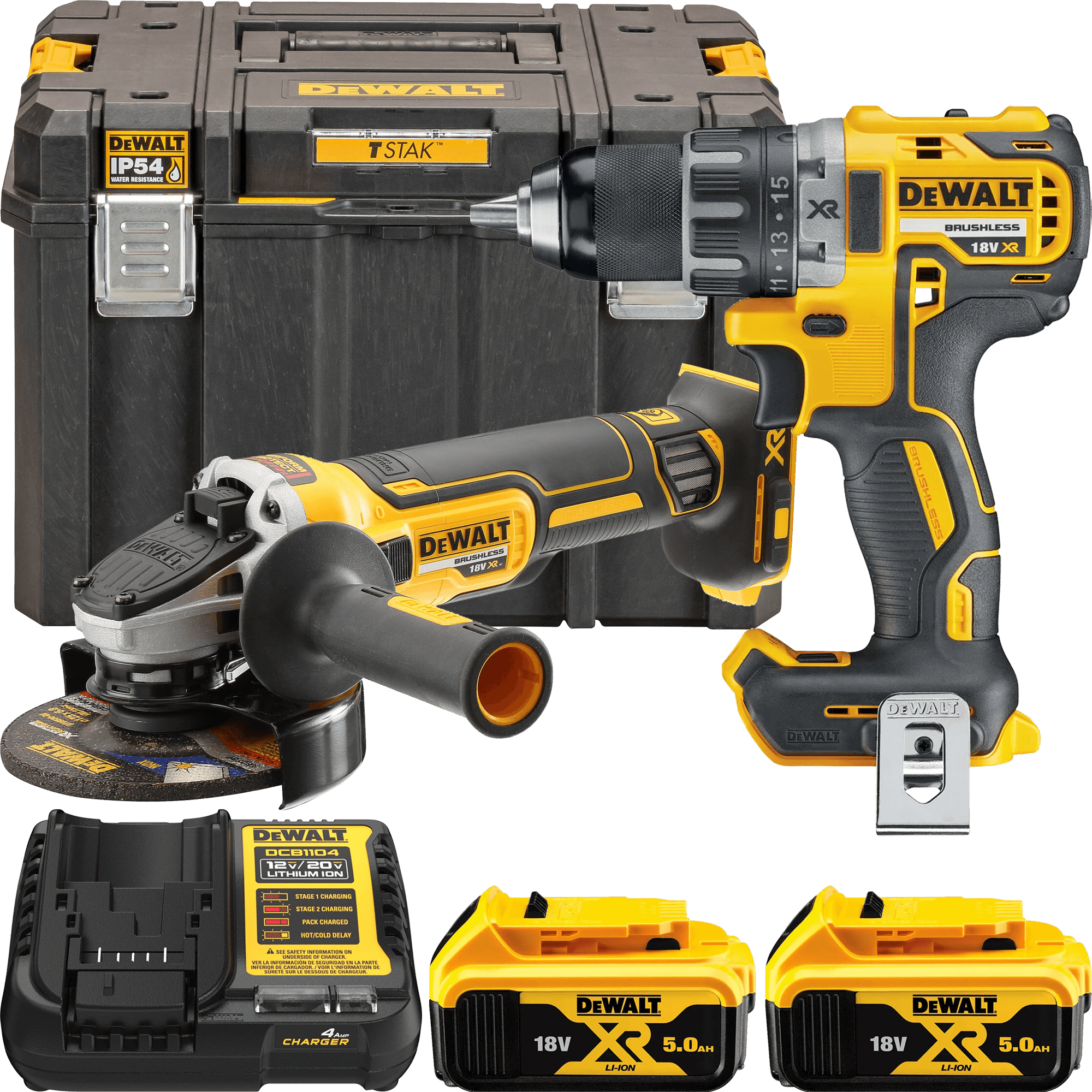 DEWALT 18V XR Aku sada vŕtačky a uhlovej brúsky 125mm, 2x 5,0 Ah