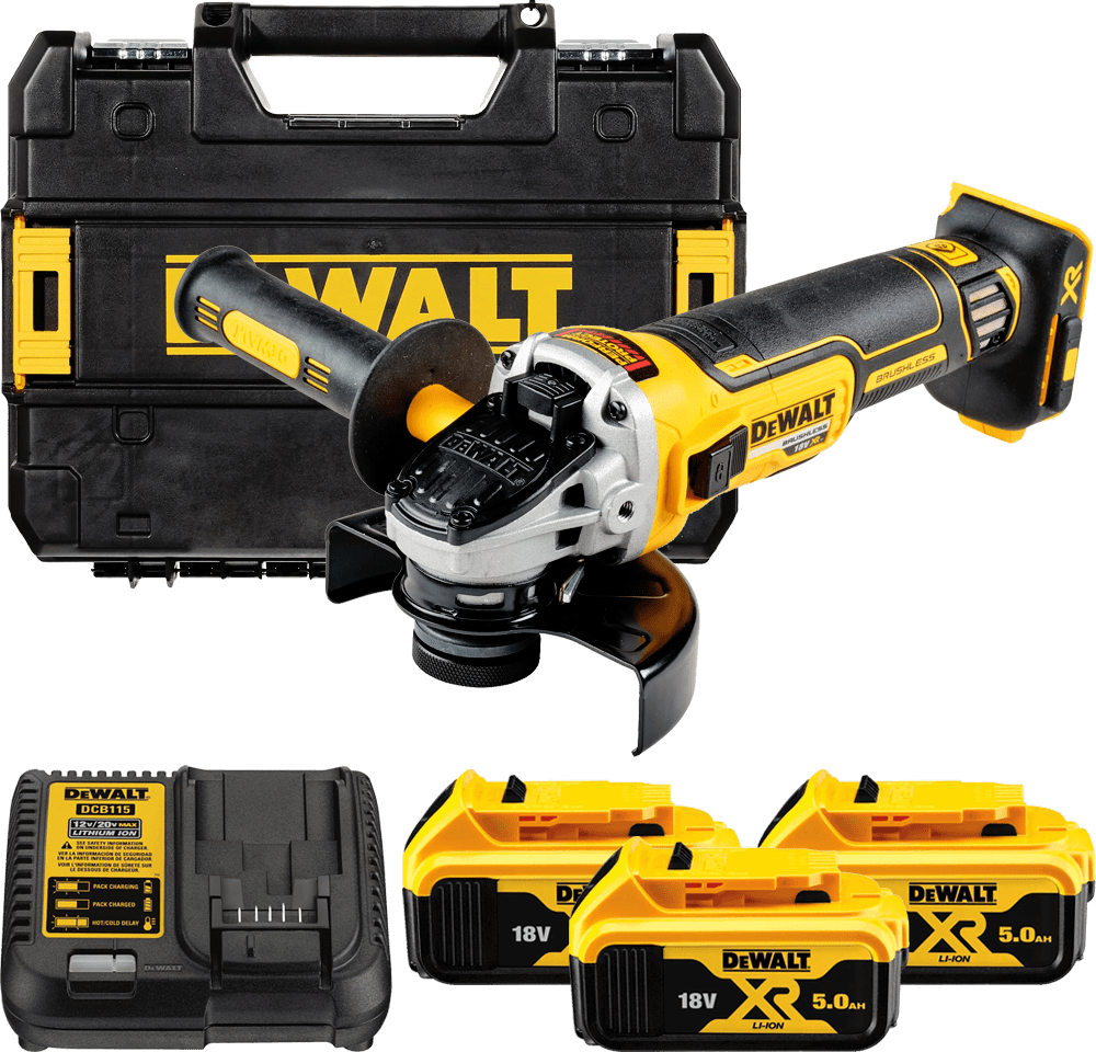 DEWALT 18V XR 125 mm aku uhlová brúska s posuvným spínačom, 3x 5,0 Ah