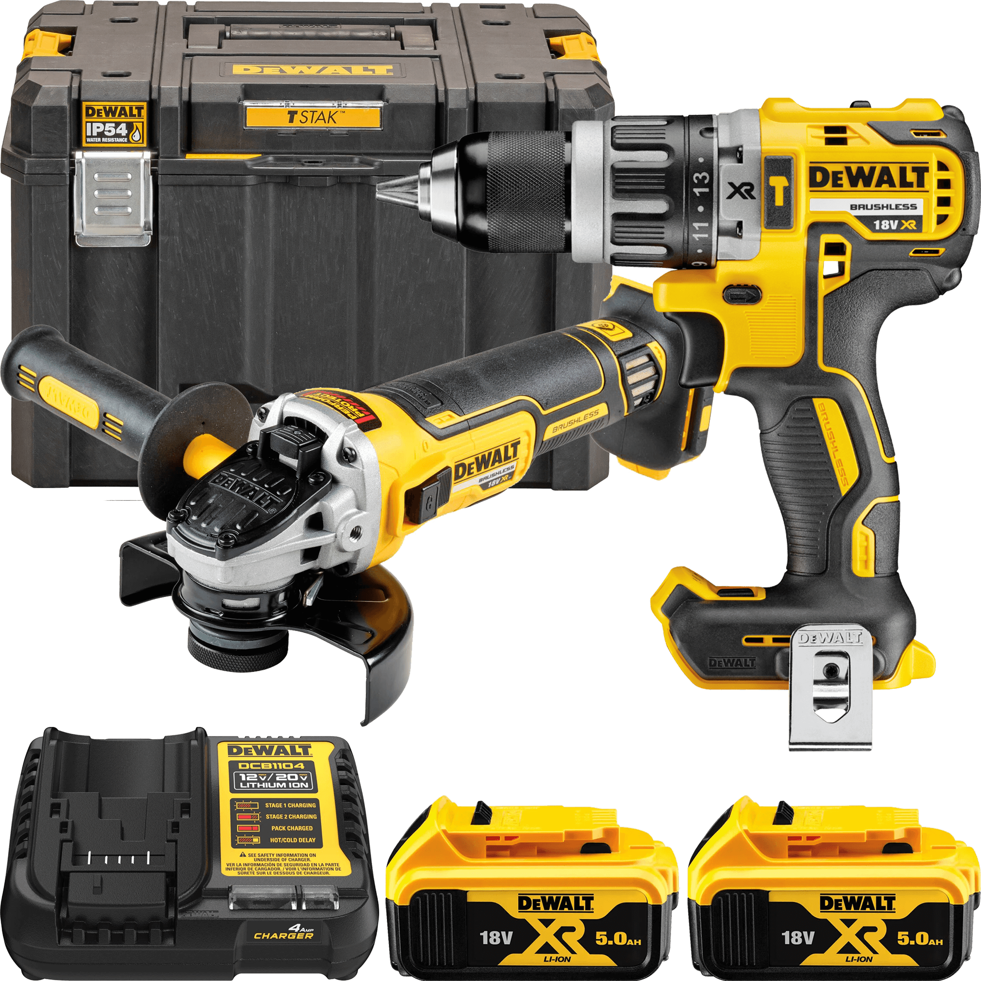 DEWALT 18V XR Aku sada vŕtačky DCD796 a uhlovej brúsky 125mm, 2x 5,0 Ah