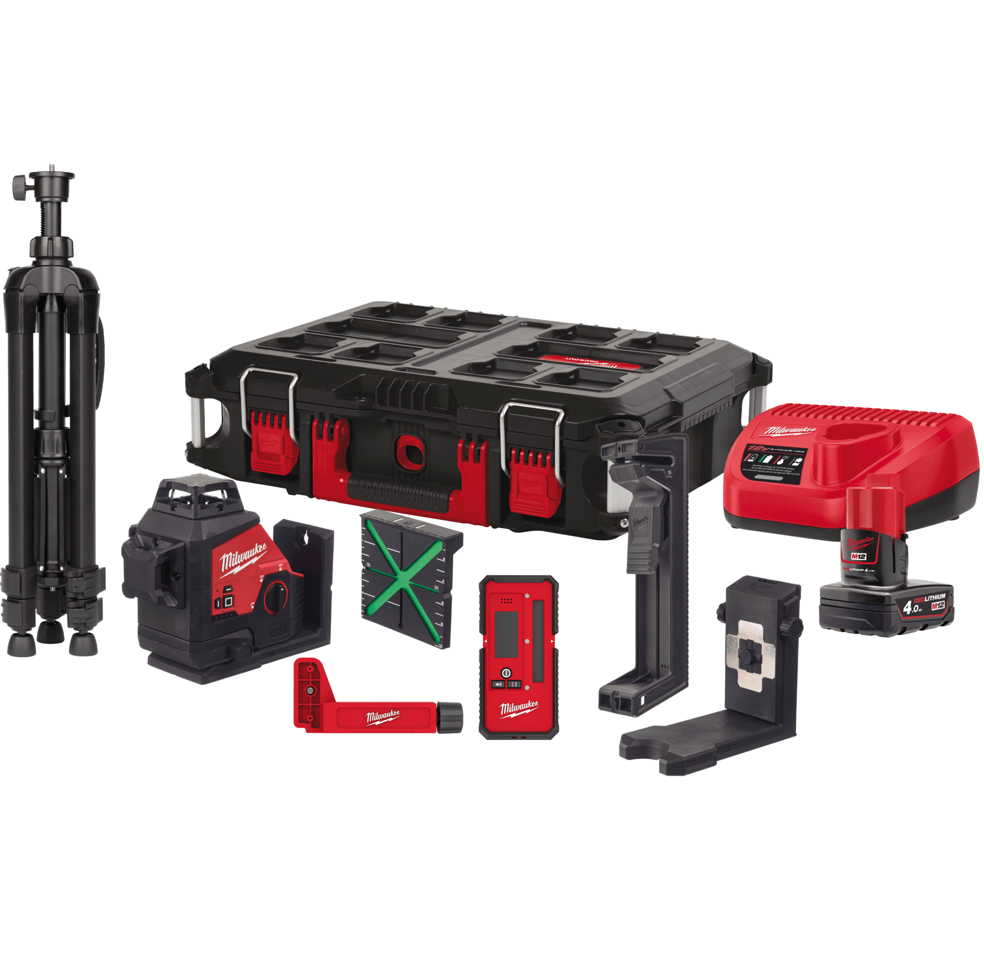 MILWAUKEE M12™ Set krížový laser s 3 rovinami s rozsahom 360° - zelený M123PLKIT-401P