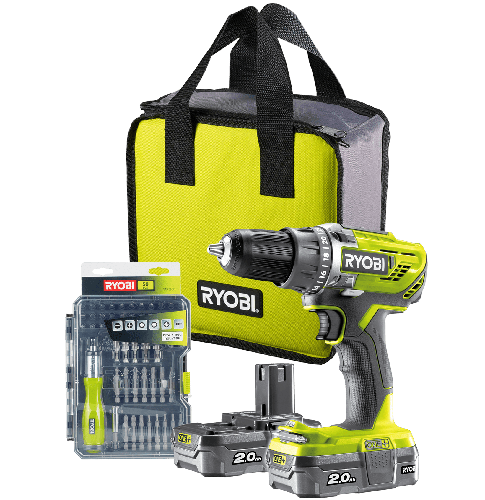 RYOBI 18V ONE+™ Aku vŕtačka bez príklepu + sada bitov R18DD3-220SA59