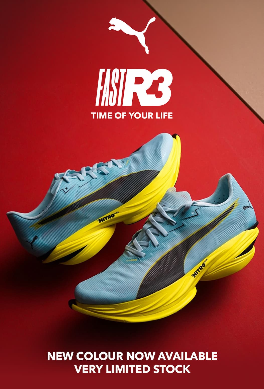 an image of a pair of blue and yellow shoes on a red background