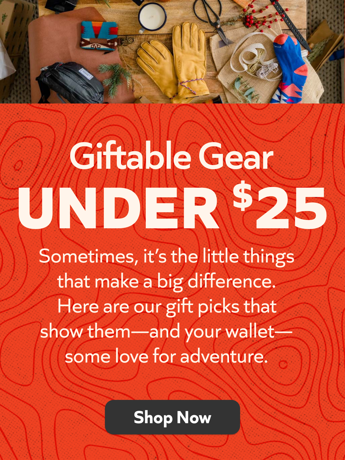 Giftable Gear Under $25, holiday shopping guide with gloves, socks, and accessories on wooden table, Shop Now!