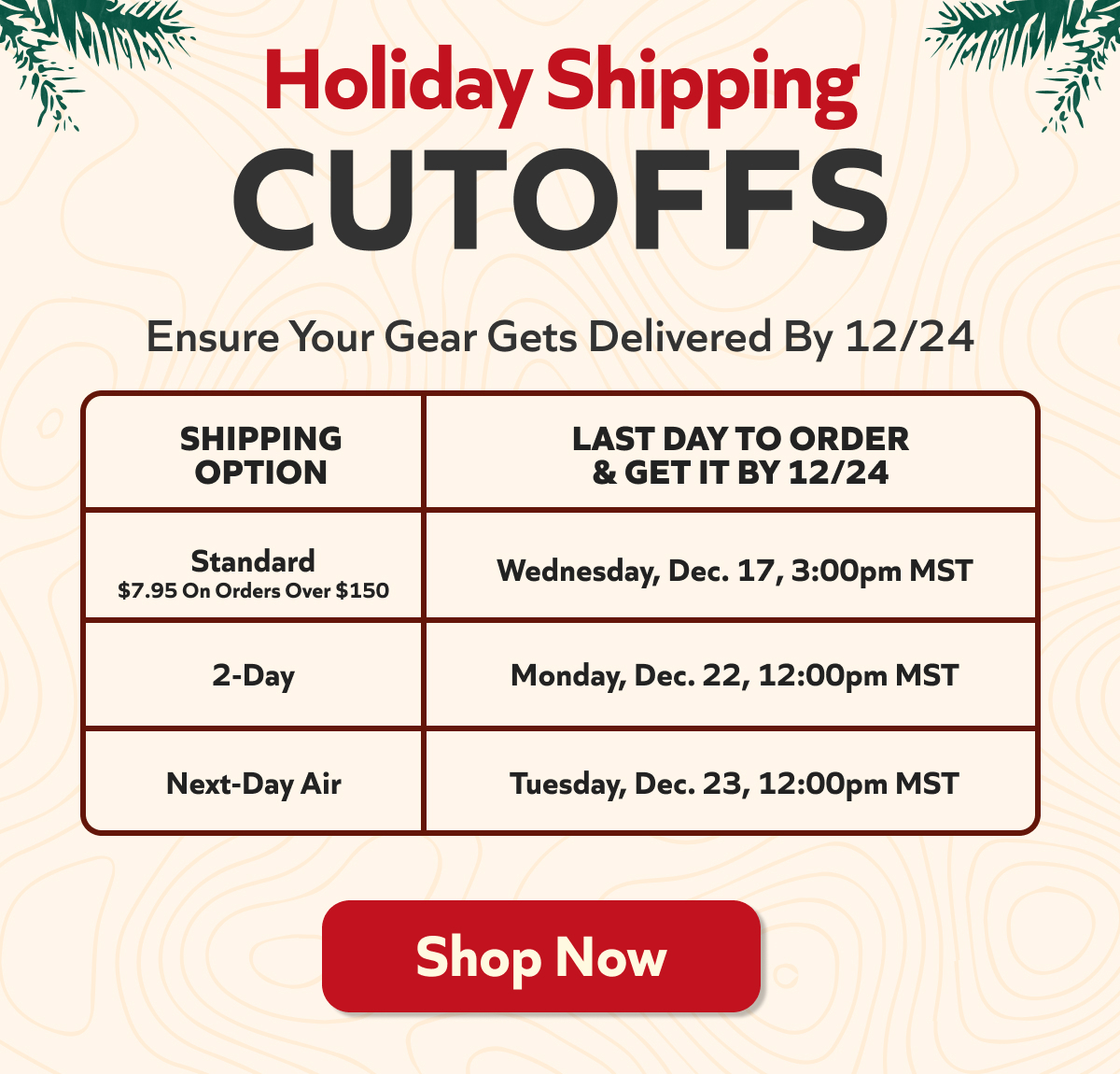 Don't miss out—order by the shipping cutoff to ensure your gear arrives by 12/24. Check deadlines and shop now. Shop Now!