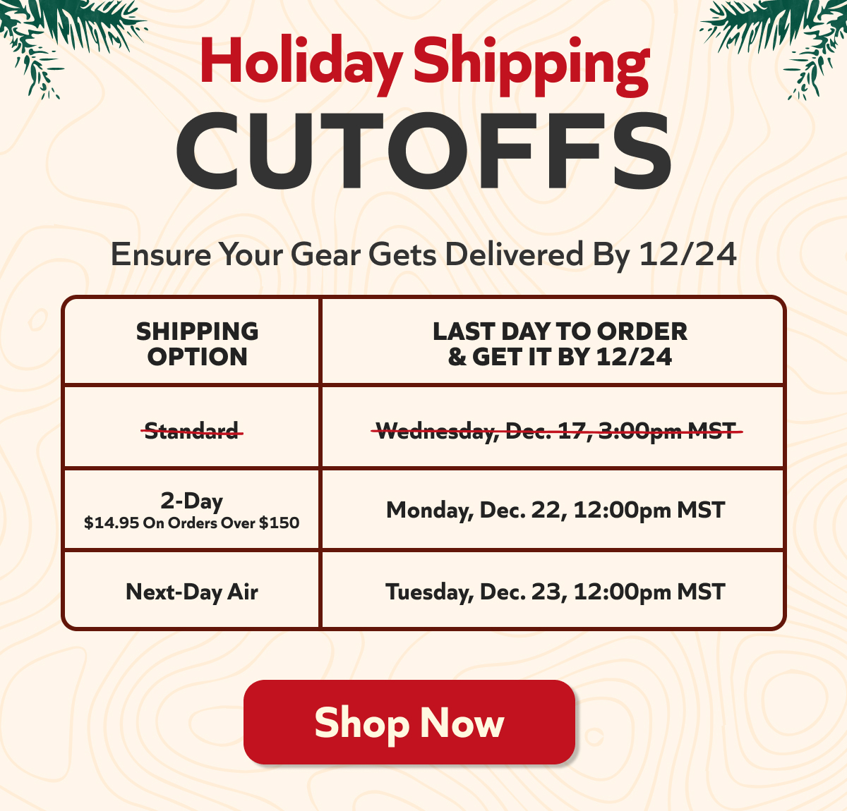Don't miss out—order by the shipping cutoff to ensure your gear arrives by 12/24. Check deadlines and shop now. Shop Now!