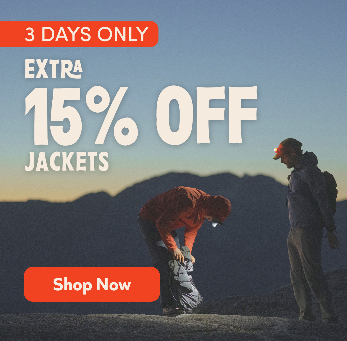 3 days only: extra 15% off Jackets. Shop now!