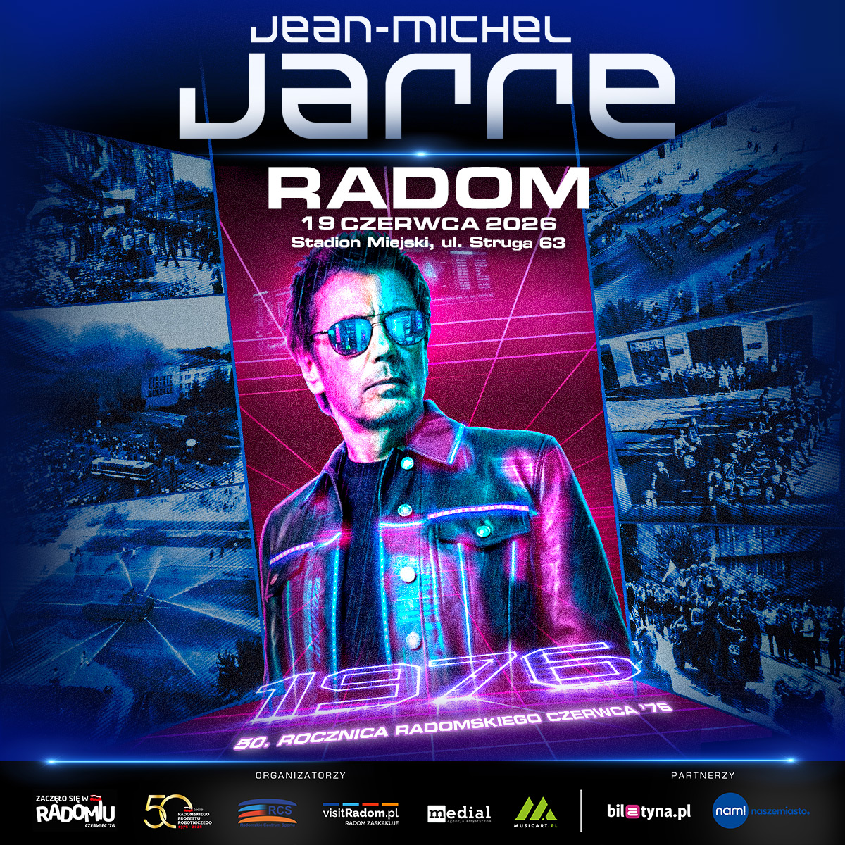 Neon-styled concert poster for electronic music in Radom, 19 June 2026 at Stadion Miejski; stylised singer portrait with crowd and city montage