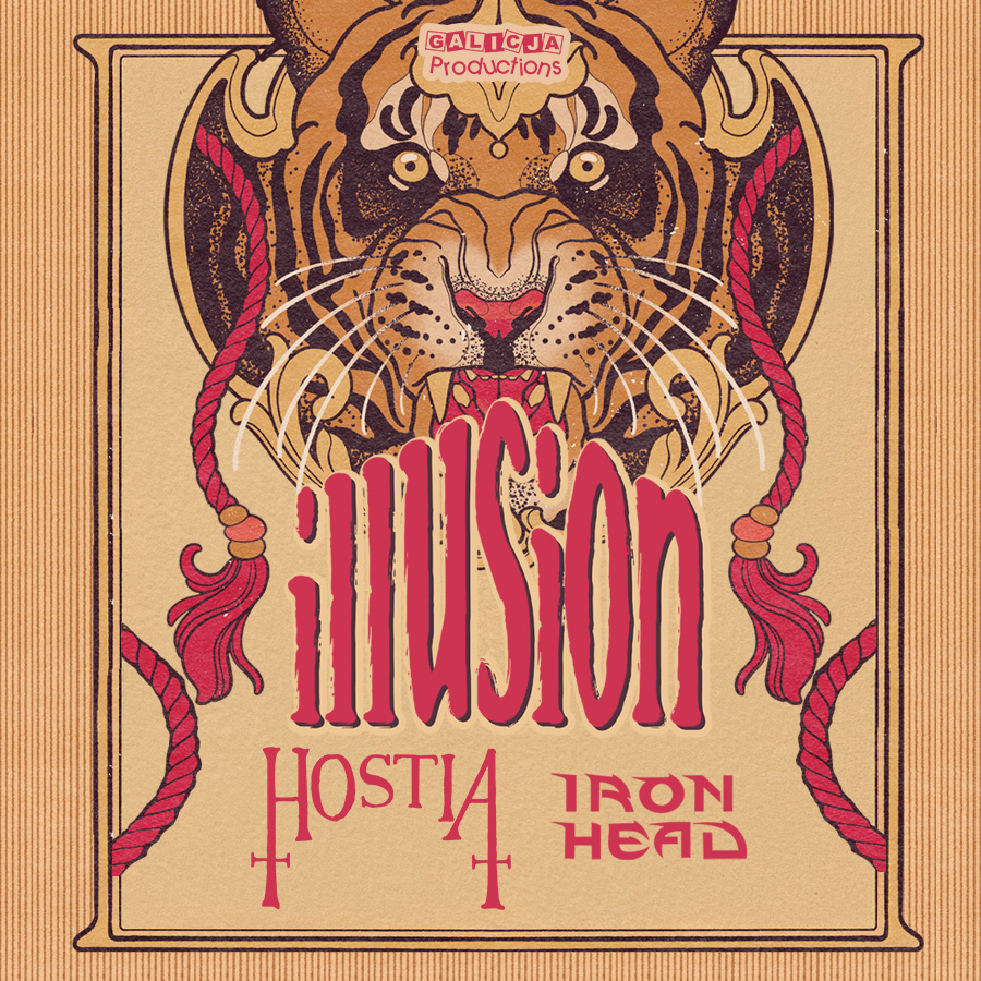 Vintage concert poster featuring a roaring tiger head illustration, red ropes and stylised lettering reading 'Illusion', 'Hostia' and 'Iron Head'