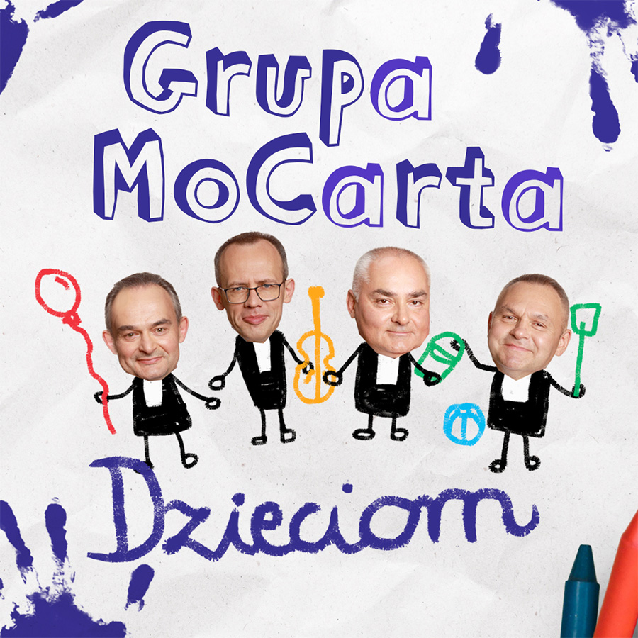 Cover: four-man comedy quartet with real heads on childlike drawn bodies holding instruments, labelled 'Grupa MoCarta Dzieciom'