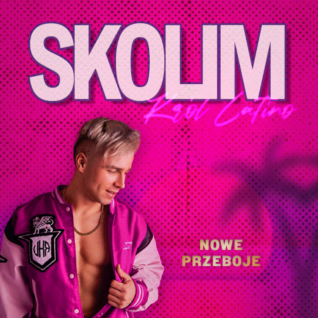 Album cover: large 'SKOLIM' title, man in open pink varsity jacket looking down on magenta dotted background with palm shadow and 'Nowe Przeboje'.