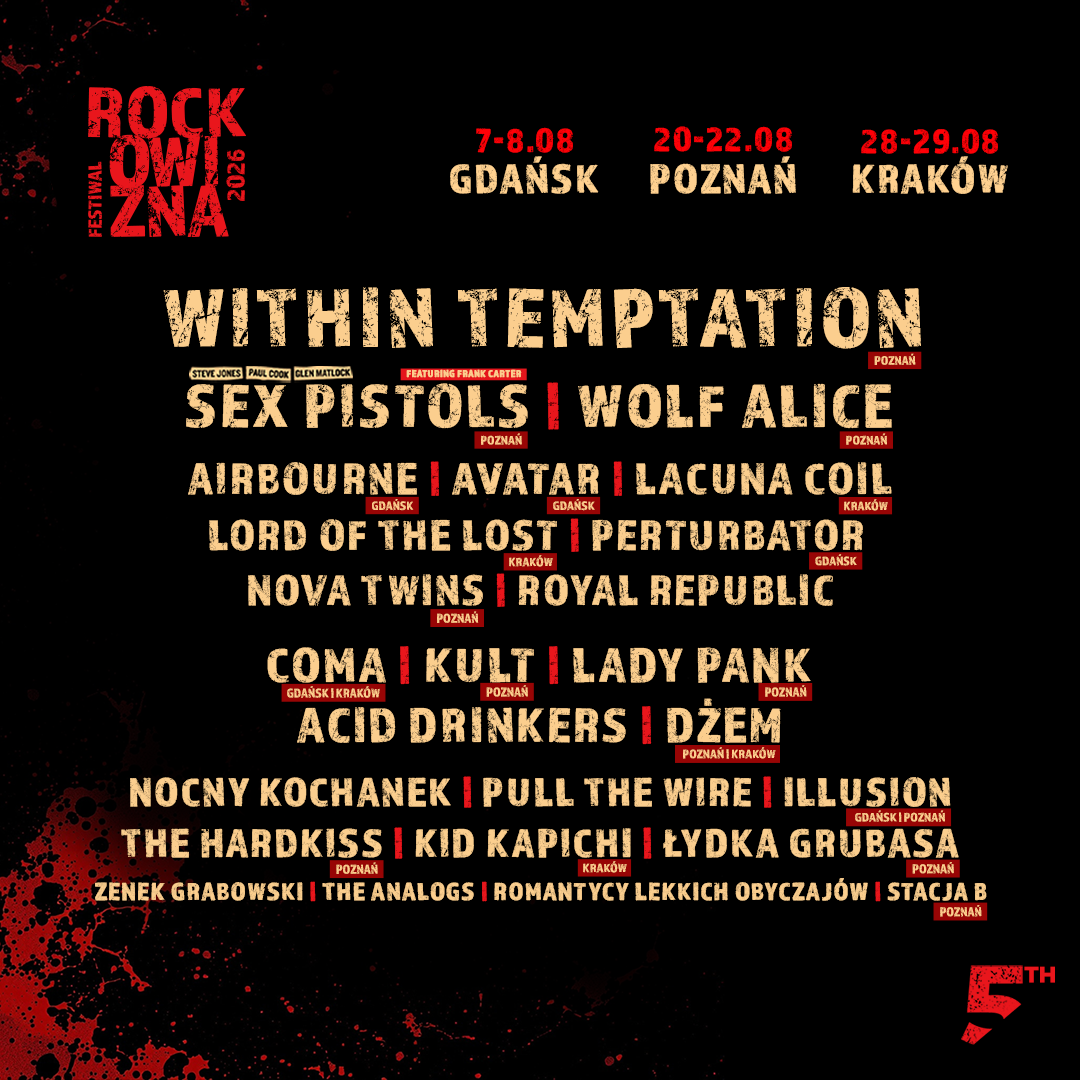 Rock festival poster listing headliners Within Temptation, Sex Pistols, Wolf Alice; dates 7–29 Aug in Gdańsk, Poznań and Kraków
