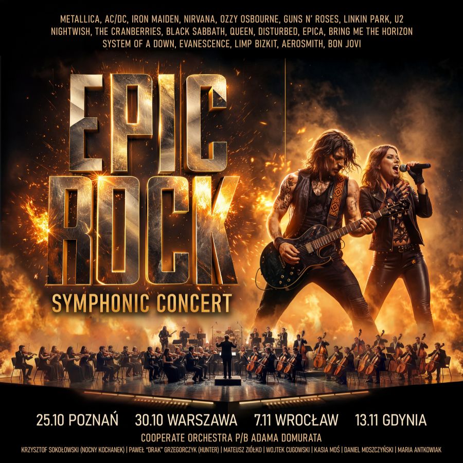 Poster: 'Epic Rock Symphonic Concert' — fiery title, guitarist and female singer before full orchestra, tour dates listed.