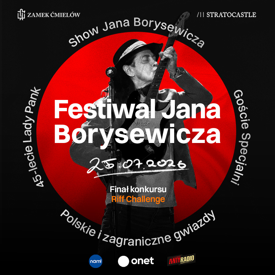 Poster for Festiwal Jana Borysewicza: black-and-white guitarist silhouette over red circle, date 25.07.2026, Riff Challenge final