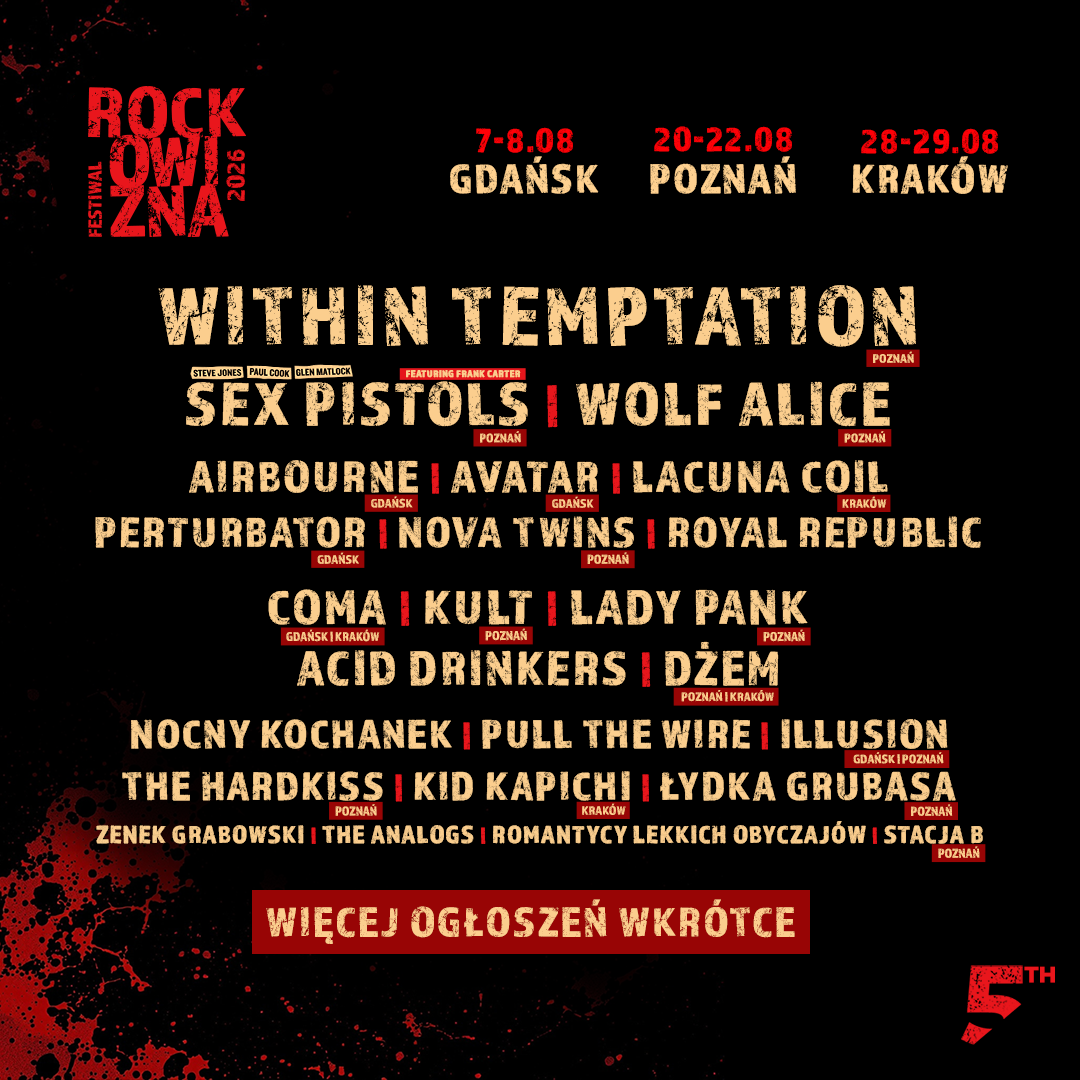 Rock Owizna 2026 festival poster with headliners Within Temptation, Sex Pistols, Wolf Alice and dates for Gdańsk, Poznań, Kraków