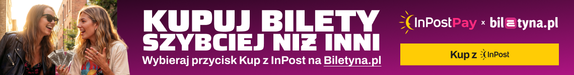 Two women smiling outdoors holding event tickets beside a Polish banner promoting buying tickets faster with InPostPay on Biletyna.pl