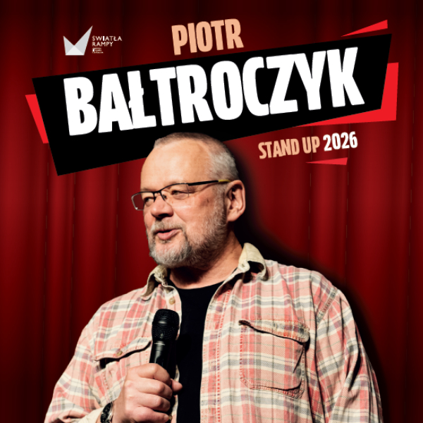 Poster for a 2026 stand-up show: middle-aged male comedian with glasses holding a microphone before red stage curtains