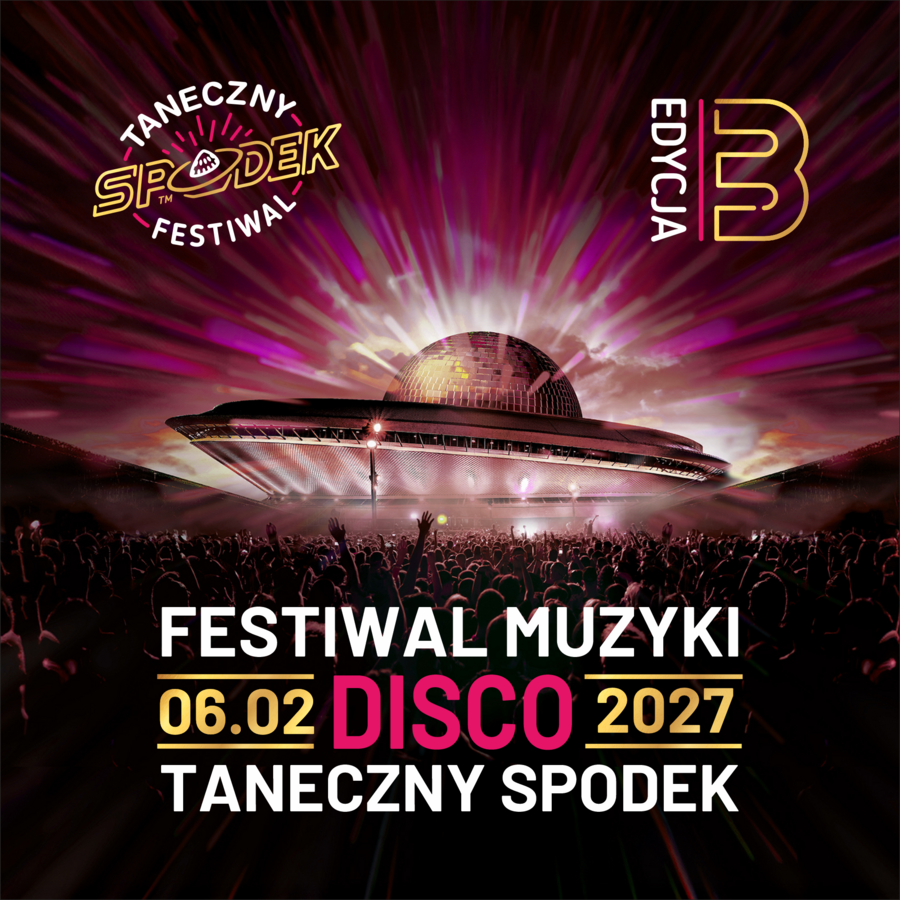Crowd at Taneczny Spodek disco music festival, illuminated saucer arena with vibrant pink and gold lights, 06.02.2027