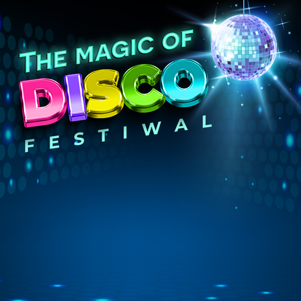 Colourful poster reading 'The Magic of Disco Festival' with neon 3D letters and a mirrored disco ball on a blue dotted background