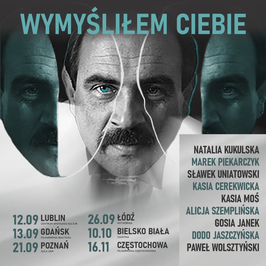 Poster for 'Wymyśliłem Ciebie' tour — fragmented portrait of a man with teal accents, performers listed and Polish tour dates and cities