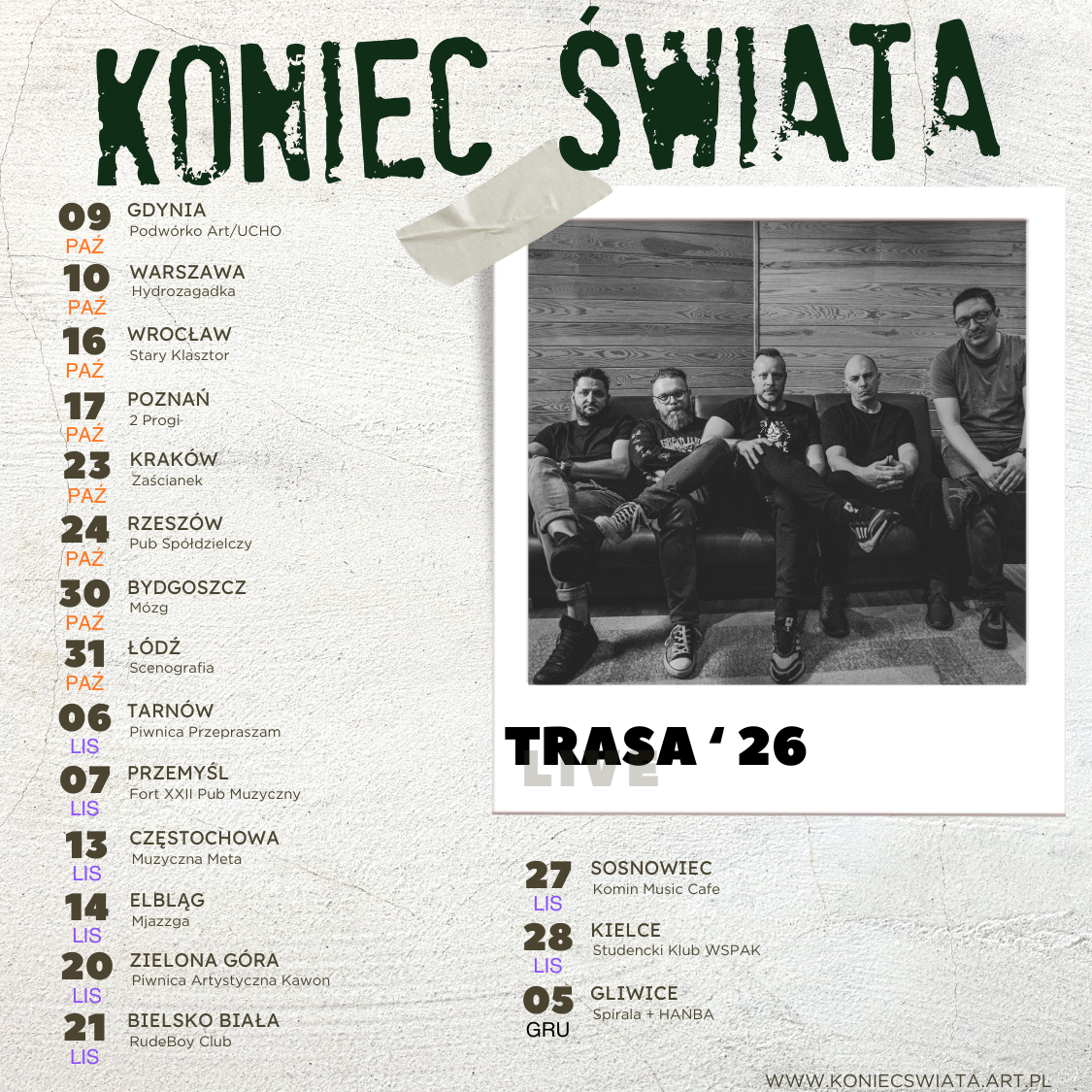 Promotional poster for Koniec Świata Trasa '26 showing a black-and-white photo of five band members and a list of Polish tour dates and cities