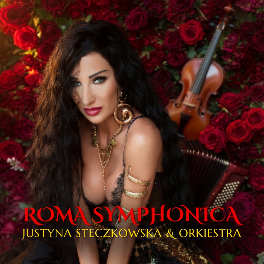 Glamorous woman with long dark hair and gold jewellery amid red roses, violin and accordion behind her, bold ROMA SYMPHONICA album title