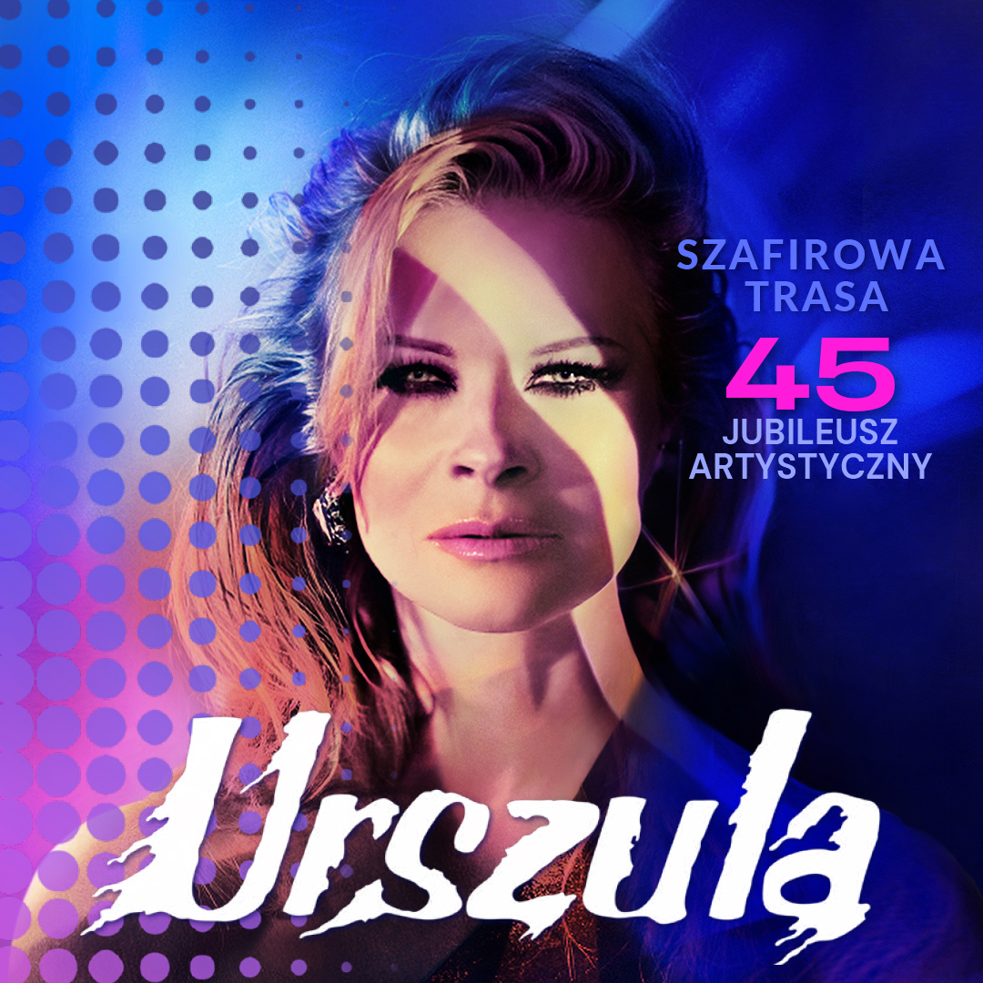 Close-up portrait of a female singer on a colourful concert poster showing '45' jubilee tour text and stylised artist name