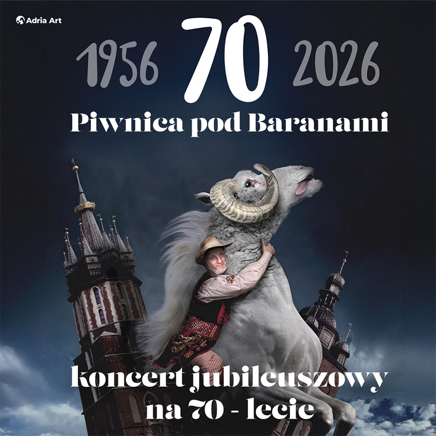 Poster for Piwnica pod Baranami 70th anniversary concert (1956–2026), whimsical image of a man in folk costume hugging a giant ram before Krakow church towers at night