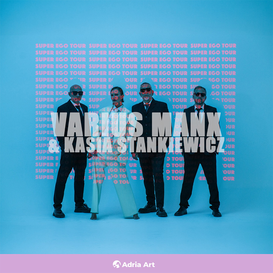 Promotional poster of four band members against blue background with large 'Varius Manx & Kasia Stankiewicz' text