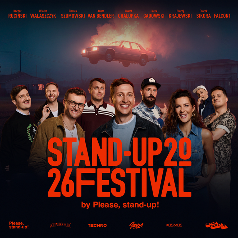 Stand-Up 2026 festival poster showing comedians before suburban houses, a car hovering in smoky night sky, bold orange title