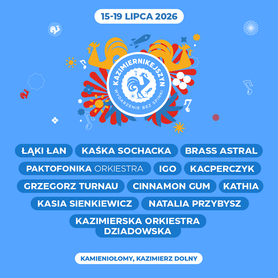 Poster for Kazimiernikejszyn music festival, 15–19 July 2026 in Kazimierz Dolny, colourful logo and artist lineup names