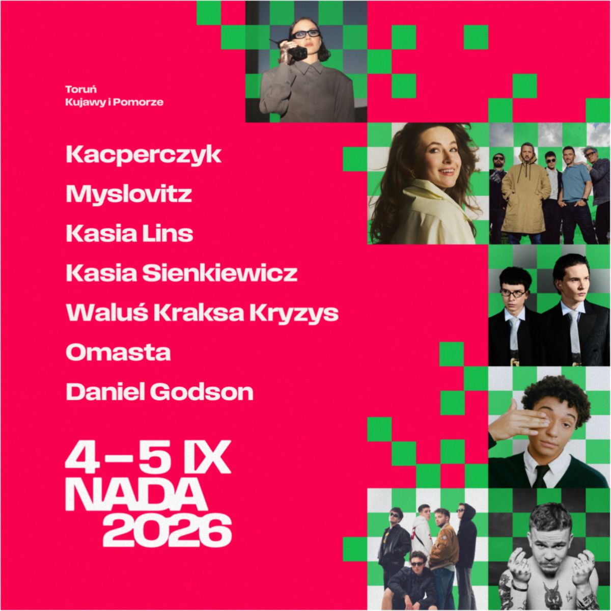 Bright pink NADA 2026 poster listing Kacperczyk, Myslovitz, Kasia Lins and others; 4–5 Sept in Toruń, performers' photos