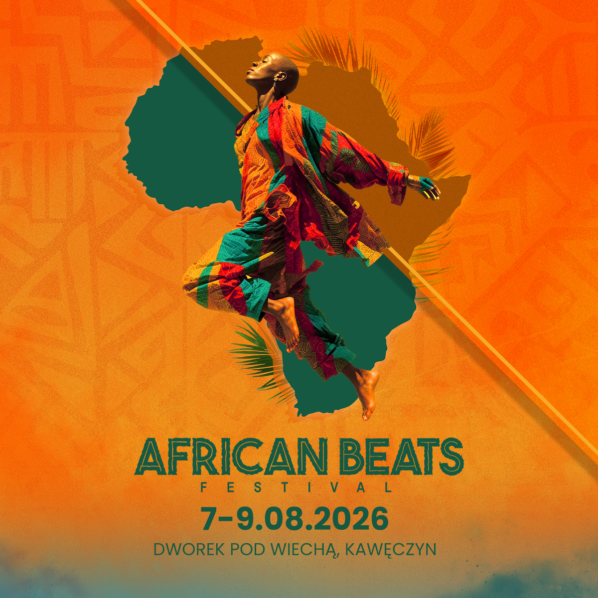 Poster of a dancer in colourful African clothing leaping before an Africa silhouette on an orange background; African Beats Festival, 7–9 Aug 2026, Dworek Pod Wiechą, Kawęczyn