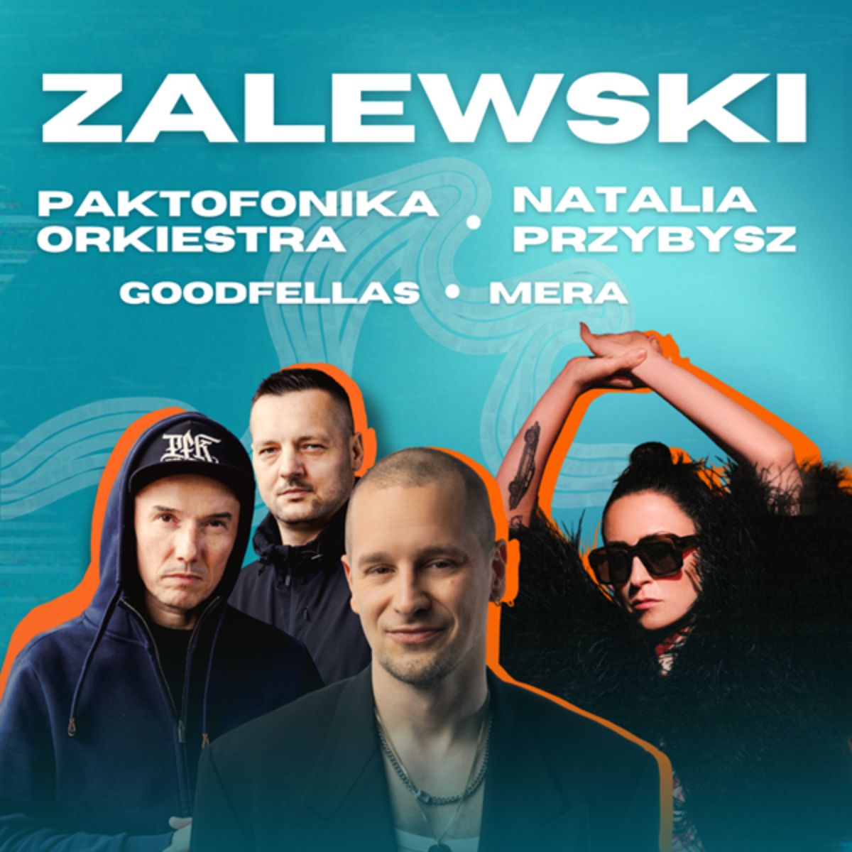 Colourful concert poster showing four musicians against a teal background with bold headline and supporting artist names