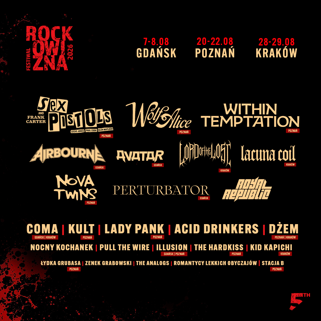 Rock Owizna 2026 poster with dates and cities (Gdańsk, Poznań, Kraków) and headliners Sex Pistols, Wolf Alice, Within Temptation