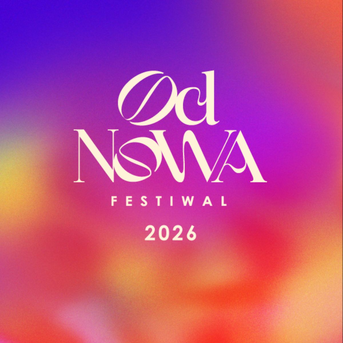 White 'Od Nowa' logo with text 'FESTIWAL 2026' on a vibrant purple-orange gradient background