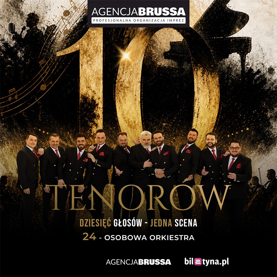 Promo poster showing ten male tenors in black double-breasted suits with red pocket squares standing before a large golden '10' and orchestra silhouettes