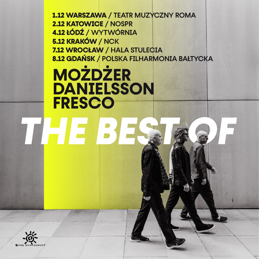 Concert poster for Możdżer, Danielsson & Fresco 'The Best Of' tour; three musicians walking by a grey wall with a yellow vertical stripe